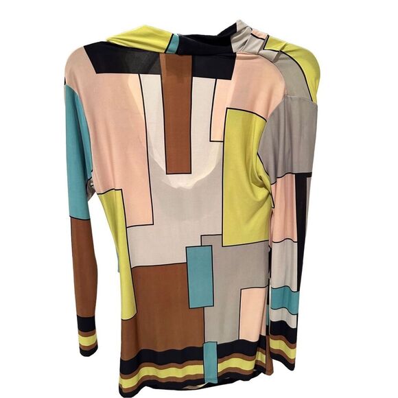 ANALILI Abstract White Pink Gray Silky Cowl Neck long Sleeve Geometric Design Mi - Picture 2 of 8